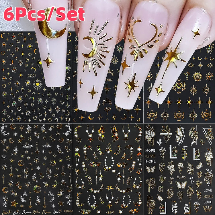 6Pcs/Set Metal Silver Star/Heart/Moon 3D Nail Art Stickers 8*10cm Hollow Love/Cross Self-Adhesive Slider Luxury Manicure Decals