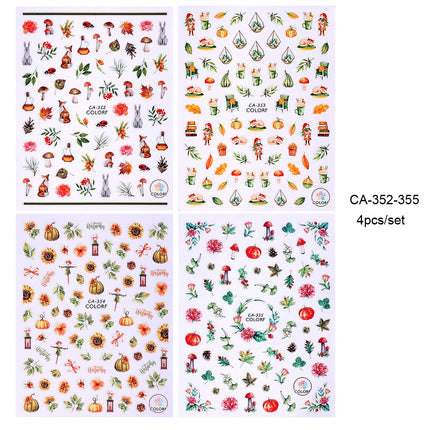 3/4/7pcs 3D Autumn Winter Nail Art Stickers Pumpkin Maple Leaves Squirrel Rabbit Flowers Decal For Thanksgiving Day Manicure DIY
