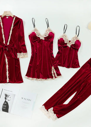 TOP Casual Velluto Abbigliamento per la casa 4 pezzi Set da notte Intimo Lingerie Pigiama da donna Completo a maniche lunghe in pizzo Velluto Homewear Pigiama set