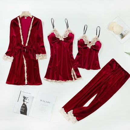 TOP Casual Velluto Abbigliamento per la casa 4 pezzi Set da notte Intimo Lingerie Pigiama da donna Completo a maniche lunghe in pizzo Velluto Homewear Pigiama set