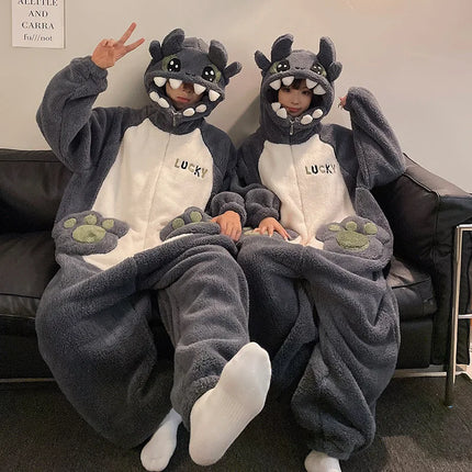 Winter Animal Onesies for Adults Homewear Flannel Sleepwear Couples Jumpsuit Winter Coral Velvet Pajamas Women Mens Loungewear