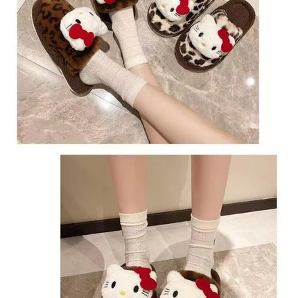 Women Cute Cartoon Cat Leopard Print Plush Slippers Warm Fuzzy Non-Slip Soft Sole Winter Indoor Bedroom Cozy House Home Shoes