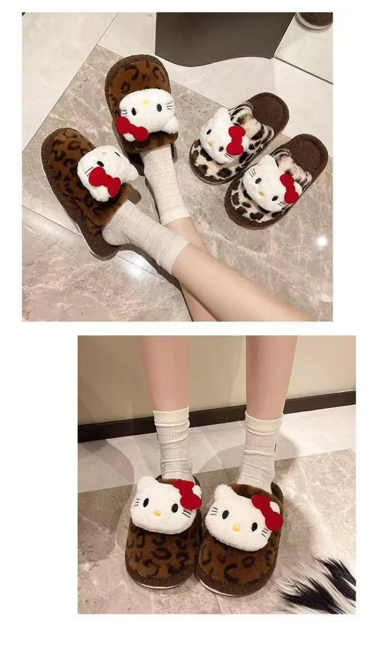 Women Cute Cartoon Cat Leopard Print Plush Slippers Warm Fuzzy Non-Slip Soft Sole Winter Indoor Bedroom Cozy House Home Shoes
