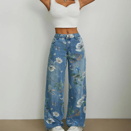 2026 Jeans stampati primaverili Pantaloni larghi a gamba dritta larghi di tendenza europea americana da donna Pantaloni versatili a gamba larga a vita bassa