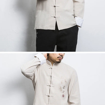 Camicie a maniche lunghe da uomo Ricamo tradizionale in cotone e lino Casual Tang Suit Cardigan da uomo Camicette Kung Fu retrò stile cinese da uomo