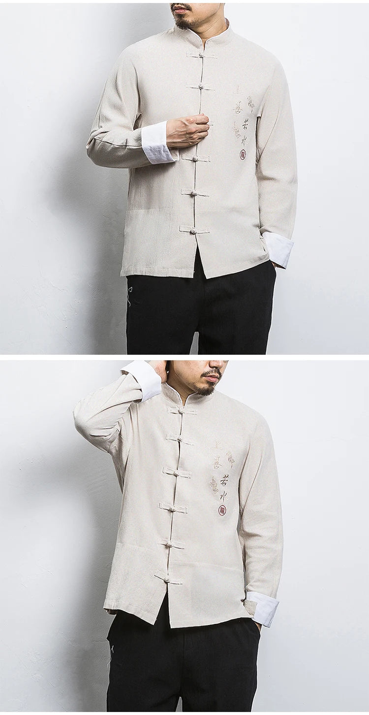 Camicie a maniche lunghe da uomo Ricamo tradizionale in cotone e lino Casual Tang Suit Cardigan da uomo Camicette Kung Fu retrò stile cinese da uomo