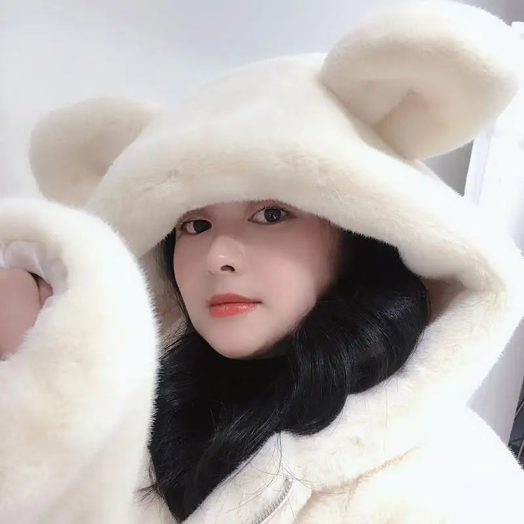 Cosy Loose Faux Fur Coat Womens Faux Fur Fuzzy Hooded Fluffy Ears Surcoat Overcoat Woman Winter Warm Outerwear Snowy Day Wrap
