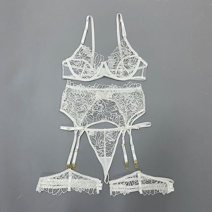 Floral Embroidery Erotic Lingerie Woman Sexy Underwear Brief Set with Garters Transparent Underwire Erotic Brief Sets Intimate
