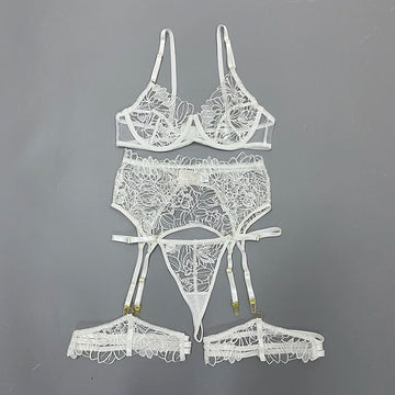 Floral Embroidery Erotic Lingerie Woman Sexy Underwear Brief Set with Garters Transparent Underwire Erotic Brief Sets Intimate
