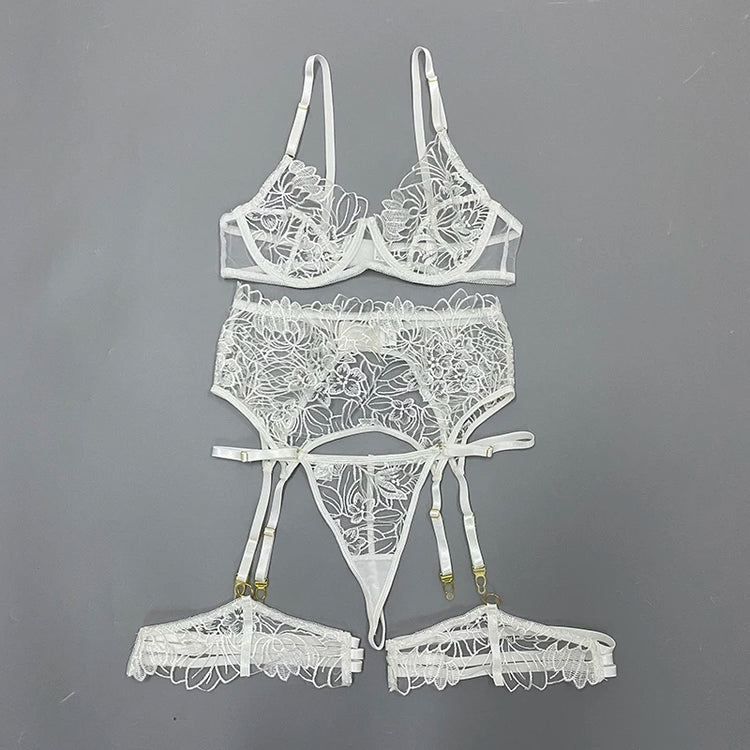 Floral Embroidery Erotic Lingerie Woman Sexy Underwear Brief Set with Garters Transparent Underwire Erotic Brief Sets Intimate