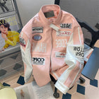 Gmiixder Motorcycle Leather Jacket Unisex High Street Hiphop Pink Bomber Jacket American Vibe Workwear Letter Baseball Uniform