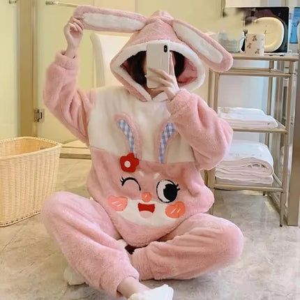 2024 New Plush Pajamas Set for Women Thick Hooded Women 2 Piece Clothes Set Cute Rabbit Women Pyjamas Coral Fleece Warm Homewear