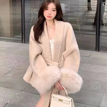 Coats for Women Autumn Winter New Elegant Long Sleeves V Neck Lace Up Woolen Coat Korean Fashion Casual Loose Street Trends Coat