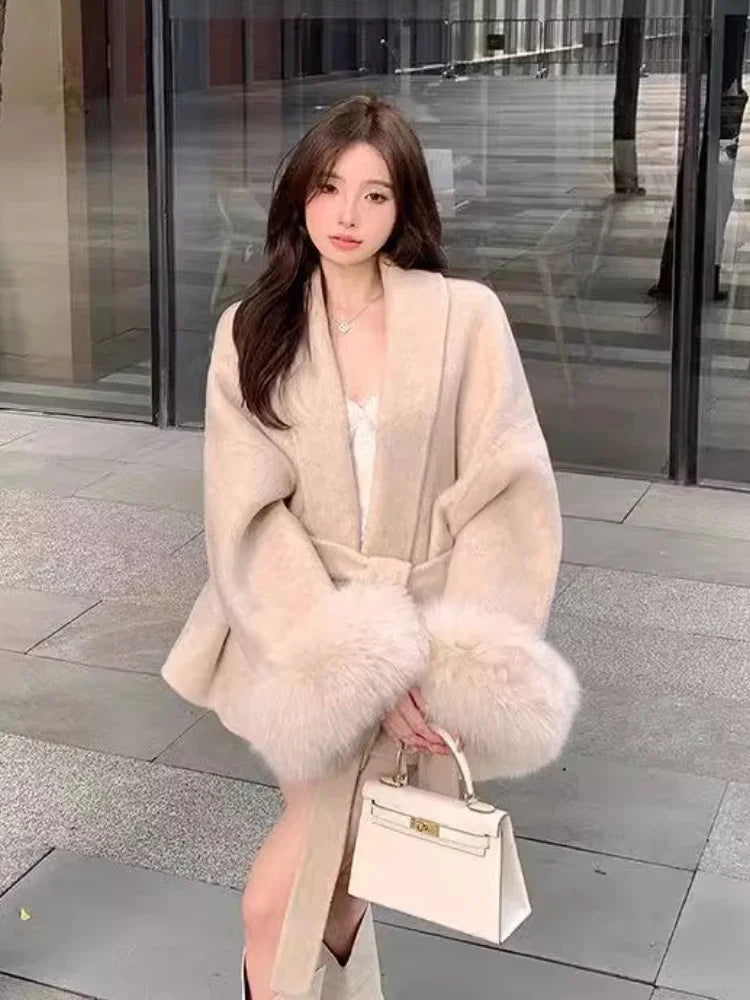 Coats for Women Autumn Winter New Elegant Long Sleeves V Neck Lace Up Woolen Coat Korean Fashion Casual Loose Street Trends Coat