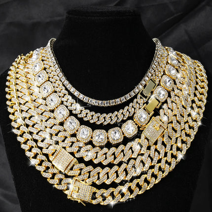 Hip Hop Men Women 14MM Prong Cuban Link Chain Necklace Bling Iced Out Tennis Chain Rhinestone Paved Miami Cuban Necklace Jewelry PlatiNum