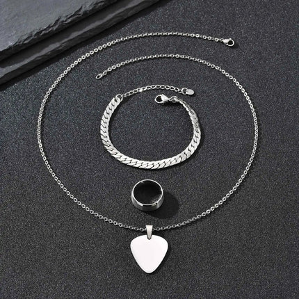 Set di 3 Pezzi: Collana con Ciondolo a Forma di Plettro per Uomo, Bracciale con Catena Cubana Piatta Stile Rock Punk, Set di Gioielli Classici da Uomo, Idea Regalo platinumshop
