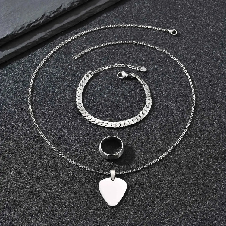 Set di 3 Pezzi: Collana con Ciondolo a Forma di Plettro per Uomo, Bracciale con Catena Cubana Piatta Stile Rock Punk, Set di Gioielli Classici da Uomo, Idea Regalo platinumshop