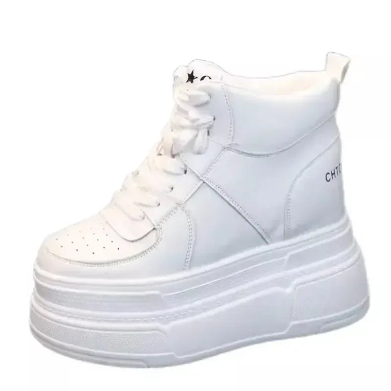 10CM 12CM 14CM High Top Leather Women Autumn Spring Platform Wedge Women Fashion Sneakers Chunky Shoes Vulcanize Skateboard - PlatiNum