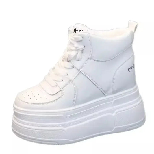 10CM 12CM 14CM High Top Leather Women Autumn Spring Platform Wedge Women Fashion Sneakers Chunky Shoes Vulcanize Skateboard - PlatiNum