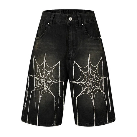 Spider web denim shorts, American high street straight wide-leg hip-hop handsome retro loose casual new five-quarter pants