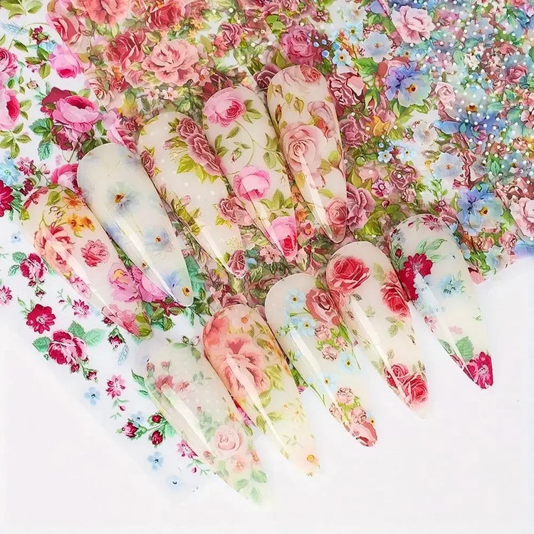 10PCS Mixed Nail Art Foils Transfer Sticker Set Rose Flower Designs Floral Starry Sky Nail Wraps Wedding Summer Manicure Decor 2028