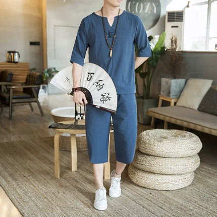Stile giapponese Kimono T-shirt a maniche corte Pantaloni Due pezzi Top da uomo Pantaloni Abiti da uomo Giappone Harajuku Yukata Cardigan Costume
