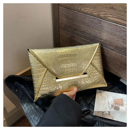 Fashion Crocodile Pattern Envelope Clutch Women's Handbags For Gifts, Designer Casual Ladies Purses Phone Pocket PlatiNum