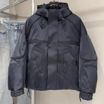 Winter Spliced Black Men Hooded Down Coat American Style Motorcycle Puffer Jacket Loose Fit Zip Waterproof Jackets Casual Coats