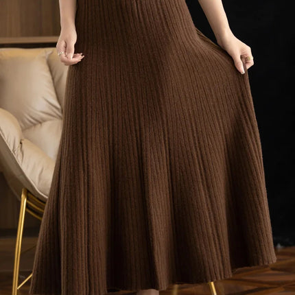Elegant Women's Pleated Skirt 100% Merino Wool Skirt A-Line Long Skirt Soft Warm Autumn Winter Dress Slim Elastic Waist Office PlatiNum