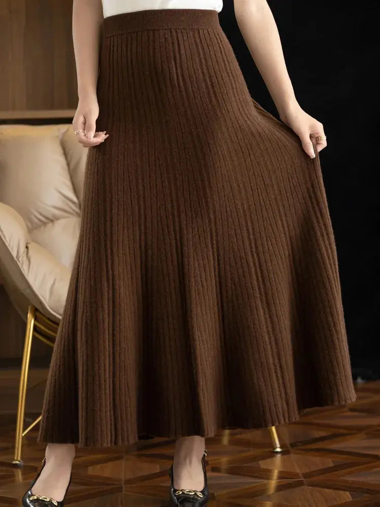 Elegant Women's Pleated Skirt 100% Merino Wool Skirt A-Line Long Skirt Soft Warm Autumn Winter Dress Slim Elastic Waist Office PlatiNum
