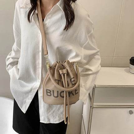 Spring New Fashion Letter PU Leather Bucket Bag Women Simple City Style Shoulder Handbag Trendy Crossbody Satchel Handbag PlatiNum