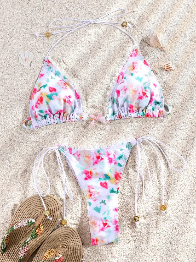 Set bikini bordato con stampa floreale Costumi da bagno sexy Donna 2025 Bikini Costume da bagno Micro perizoma Fasciatura Costumi da bagno platinumshop