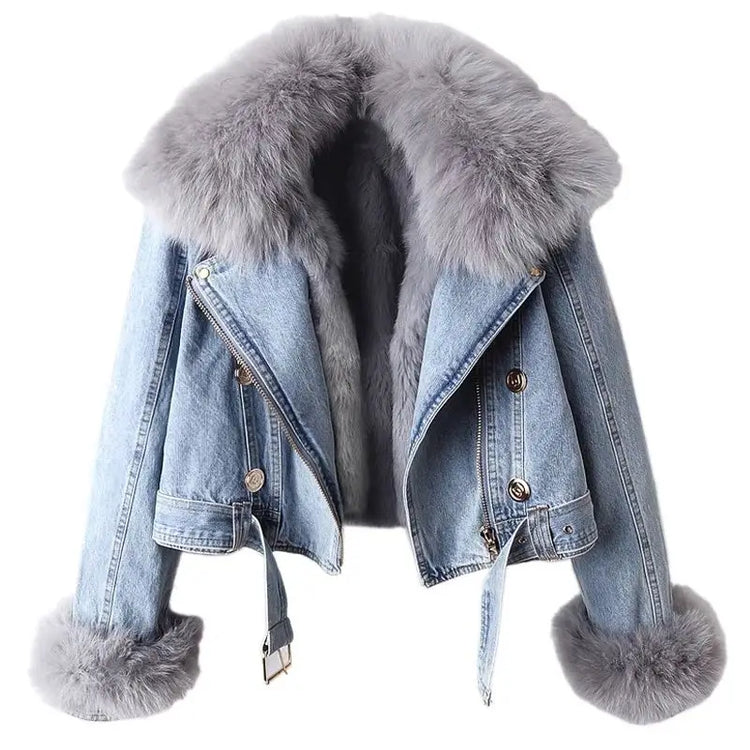 2026 New Women Faux Fox Fur Collar Jean Coat Winter Jacket Female Short Warm Parkas Rabbit Hair Lining Outwear Fashion Overcoat