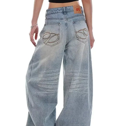 Jeans Casual Vintage Y2k con Ricami, Blu, Vita Alta, Gamba Larga, Stile Americano Retrò Anni '90
