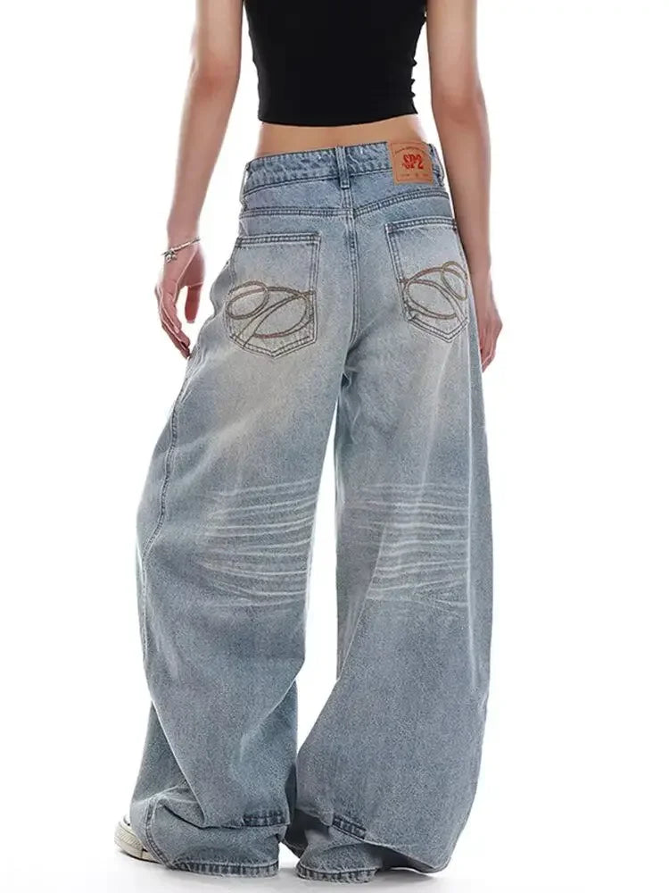 Jeans Casual Vintage Y2k con Ricami, Blu, Vita Alta, Gamba Larga, Stile Americano Retrò Anni '90