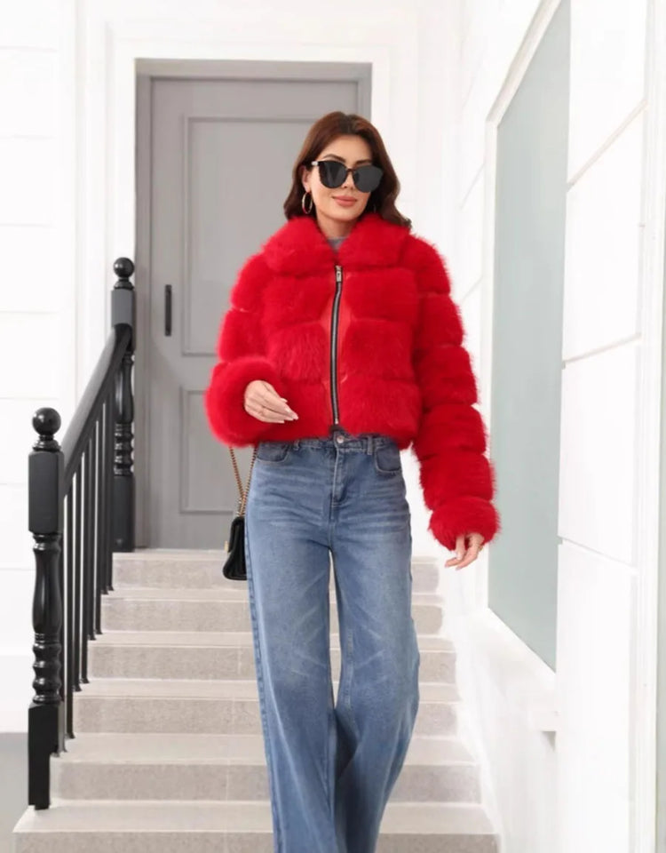 ZADORIN 2025 Chic Winter Fur Coats Woman Spliced Cropped Fluffy Faux Fur Jacket Woman Lapel Zipper Fox Fur Faux Coat Y2K Clothes