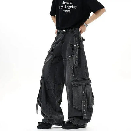 IEFB Jeans da uomo stile americano tinta unita multi tasche pantaloni casual usurati decostruzione pantaloni in denim a gamba larga 9W4066