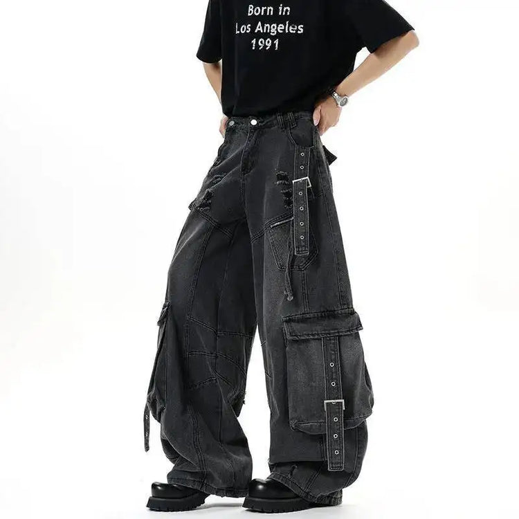 IEFB Jeans da uomo stile americano tinta unita multi tasche pantaloni casual usurati decostruzione pantaloni in denim a gamba larga 9W4066