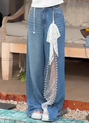 2025 Autunno Inverno Pantaloni in denim da donna Mesh Patchwork Y2K Streetwear Jeans larghi Grunge g