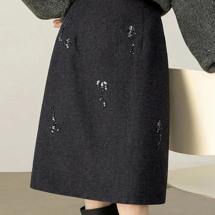 SENTUBILA Women's Straight Skirt 2025 Office Lady Wool Blend Sequin Beading Mid Length Skirt Winter Clothing for Women 154QF6318 PlatiNum