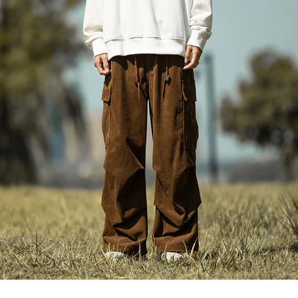 2025 autumn and winter new retro brown corduroy multi pocket workwear pants for men, loose drawstring elastic waist pants