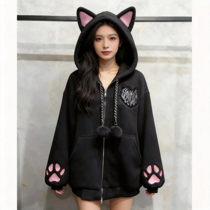 Cute Cat Ear Velvet Hoodies Women Cat Claw Long Sleeve Coat Black Harajuku Y2k 2000s Punk Rock Goth Sweetheart Women Jackets