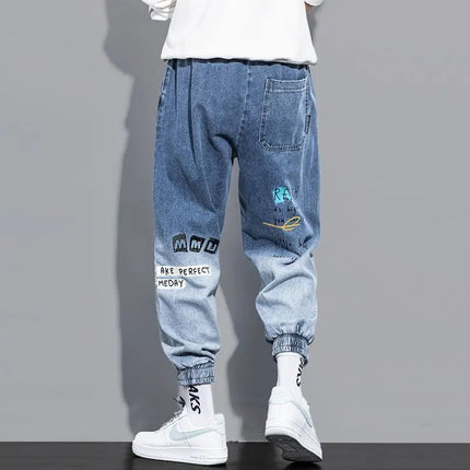 Men's Distressed Denim Pants Cuffed, Artistic Gradient Harem Jeans, Oversized Hip Hop Trousers for Spring Fall Versatile Outfits PlatiNum