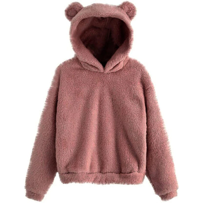Winter Korean Fashion Bear Ears Cute Loose Hoodie Fluffy Hooded Warm Sweatshirt Long Sleeve Top Solid Pullover Clothes For Women