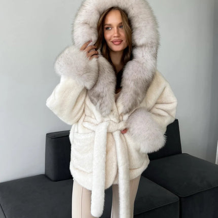 DFDG 2026 Women Hooded Faux Fur Coat Belted Waist Tie Big Fur Trim Collar Long Sleeve Outerwear Warm Luxury Overcoat Winter Fur