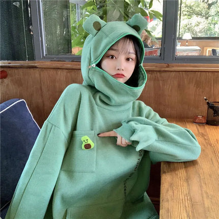 Y2K Autumn Winter Unisex Cartoon Frog Fleece Hoodies Loverly Zipper Loose Warm Sweatshirt Full Sleeve Harajuku Hooded Jackets