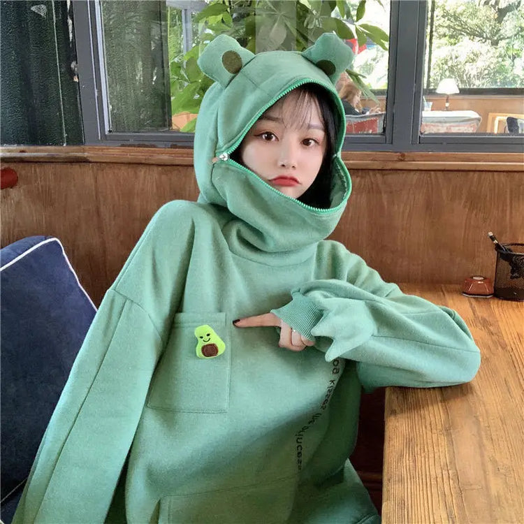 Y2K Autumn Winter Unisex Cartoon Frog Fleece Hoodies Loverly Zipper Loose Warm Sweatshirt Full Sleeve Harajuku Hooded Jackets
