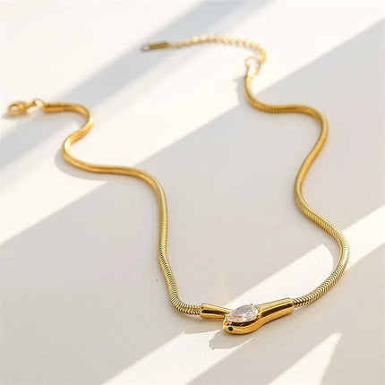 GANEMLY 316L Stainless Steel Snakehead Shining Zircon Necklace Trendy Neck Chain Choker Collar Waterproof Jewelry For Women PlatiNum
