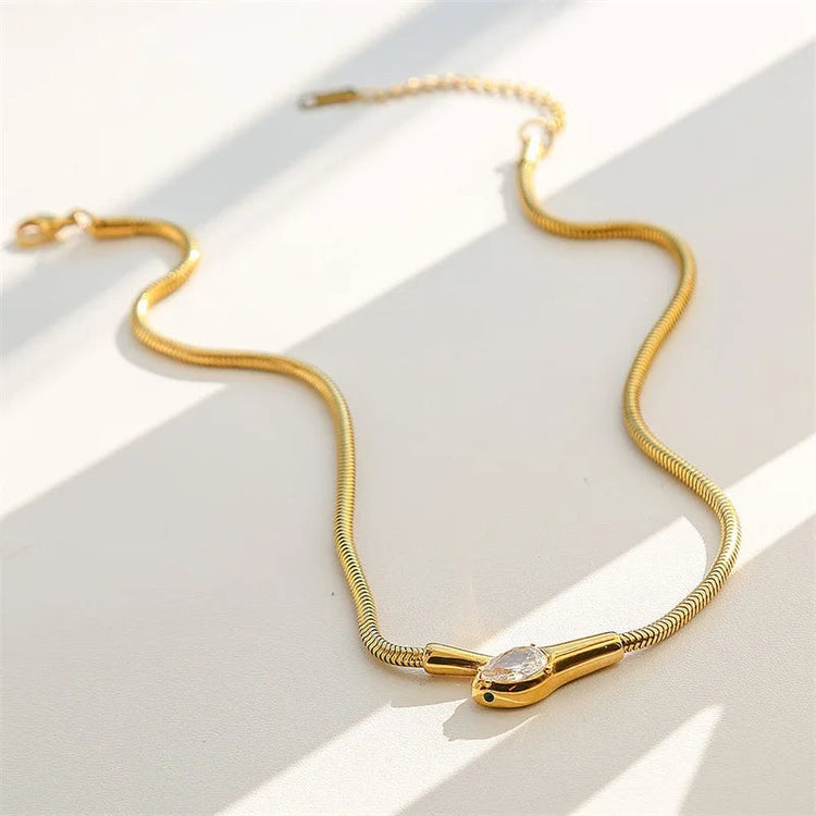 GANEMLY 316L Stainless Steel Snakehead Shining Zircon Necklace Trendy Neck Chain Choker Collar Waterproof Jewelry For Women PlatiNum