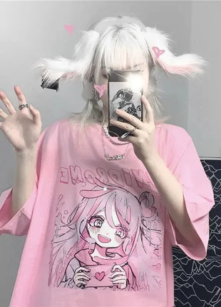 Primavera estate nuova versione coreana Harajuku Pink Cute Anime Cartoon Girl stampa t-shirt a maniche corte allentata studentessa superiore